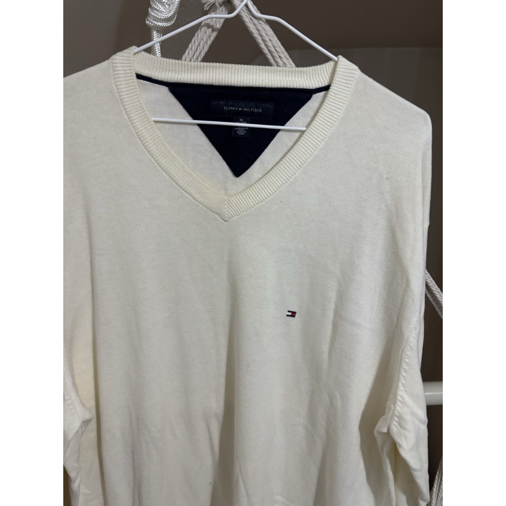 Vintage Tommy Hilfiger Mens Cream 100% Cotton V Neck Jumper Sz XL